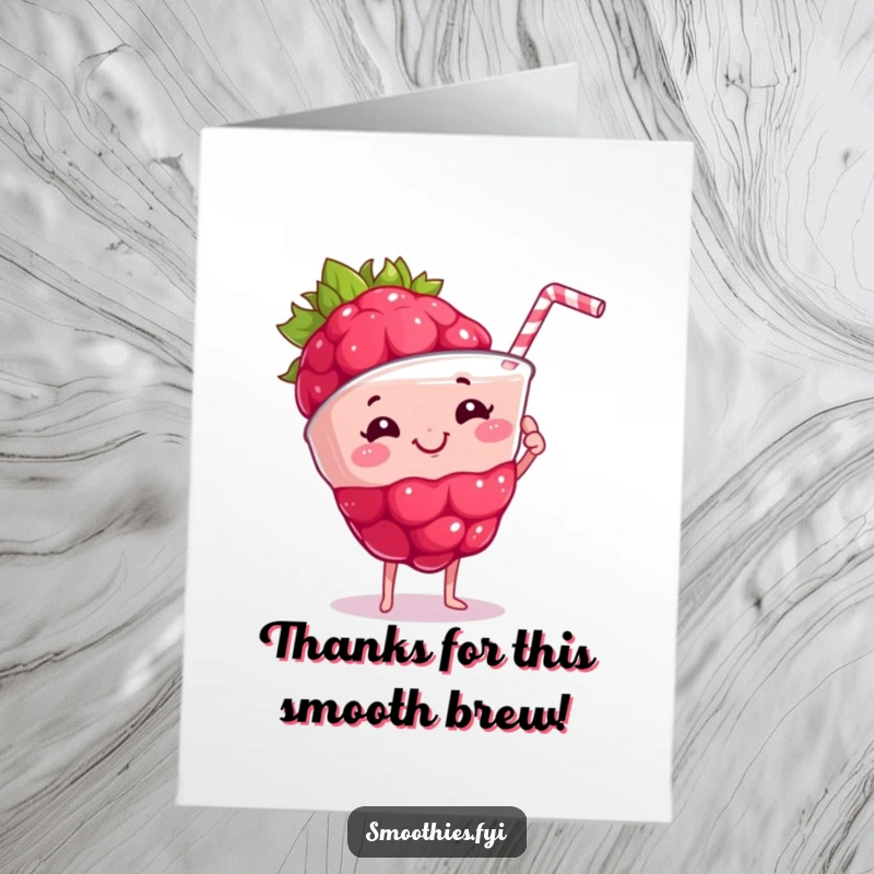 Funny Free Printable Thank You Card featuring a proud raspberry holding a frothy smoothie, conveying thanks with a happy grin.