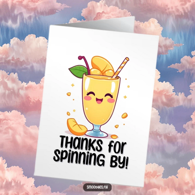 Funny Free Printable Thank You Card: A whimsical mango smoothie spins with delight, expressing thanks.