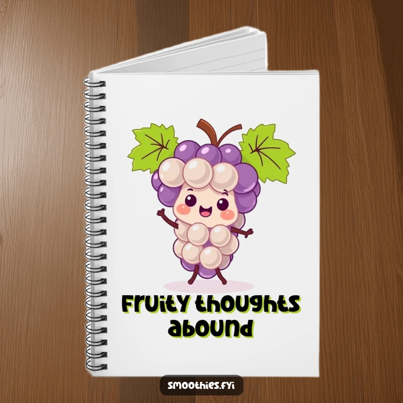 Funny kawaii grape bunch notebook, smiling and doing a jig, perfect for jotting down humorous ideas.