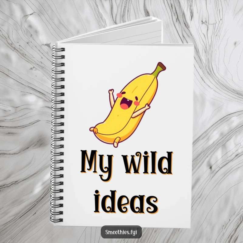 Funny notebook cover with a thrilled banana character performing a somersault, inspiring energetic creativity.