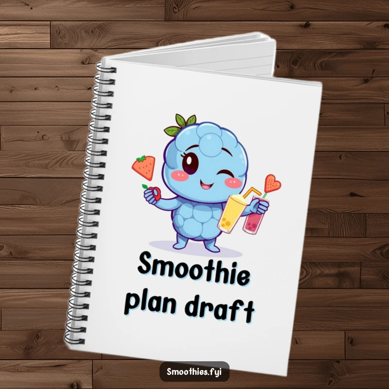Funny winking blueberry character notebook juggling fruit smoothies, perfect for notes and creative ideas.