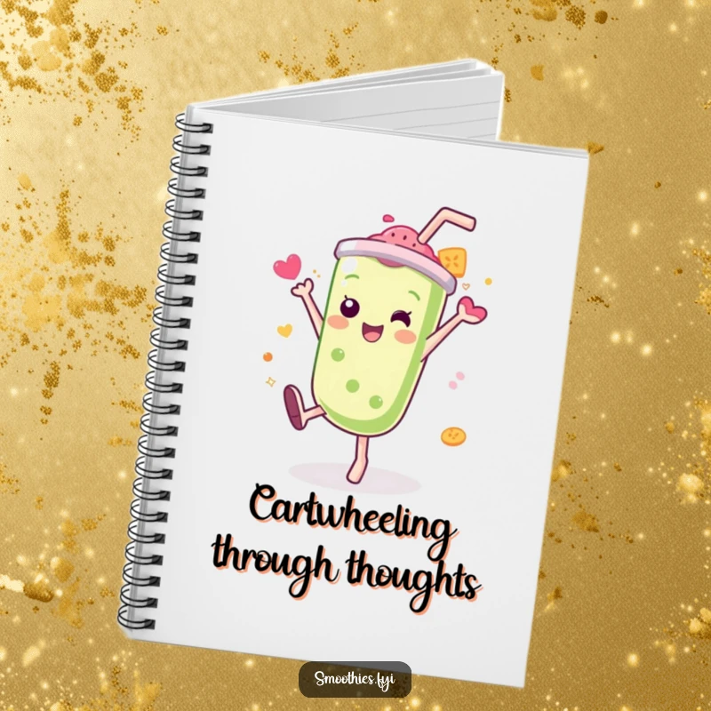 Funny Kawaii smoothie notebook, character doing a cartwheel with a splash of flavor, for notes and creative ideas.