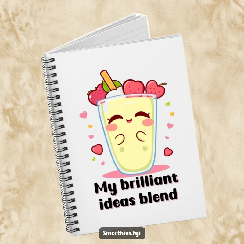 Funny Kawaii smoothie notebook, character in a dynamic fruity spin, ideal for capturing ideas and doodles.