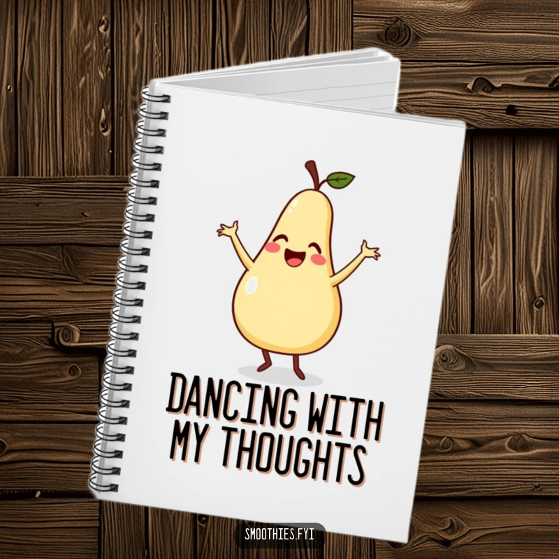 Funny notebook featuring a smiling pear doing a silly dance with flailing arms, perfect for notes, journaling, and bright ideas.