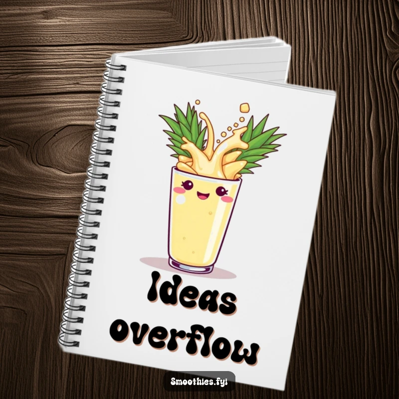 Funny pineapple smoothie splashing into a cup on a notebook cover, inspiring creativity and fun. A delightful funny gift.