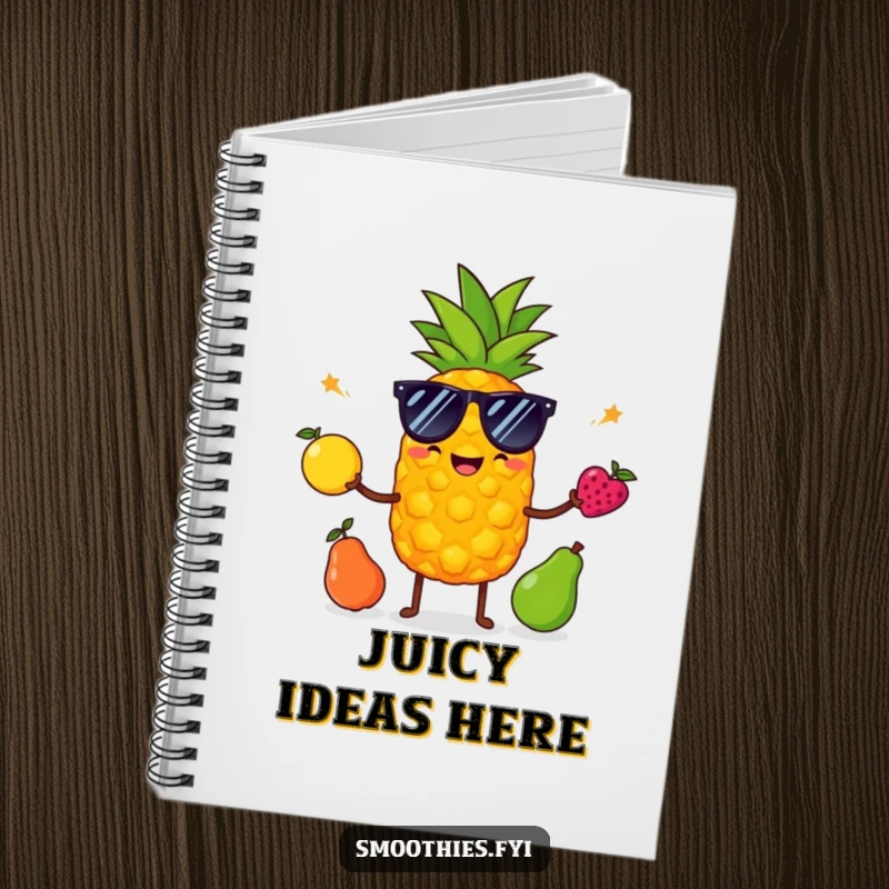 Funny pineapple wearing sunglasses juggles fruits on a notebook cover, encouraging organized, humorous, and tropical note-taking.