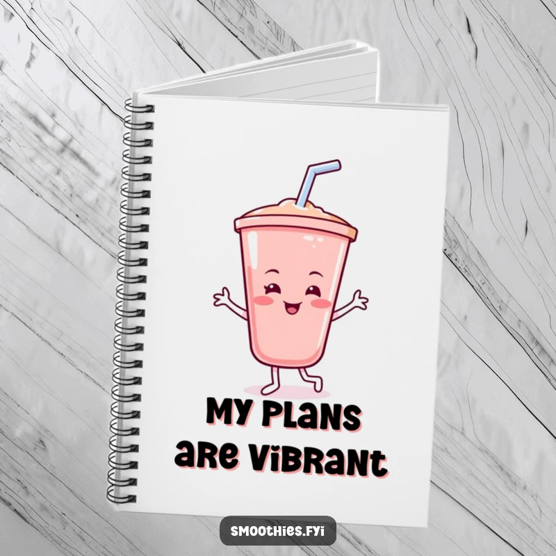 Funny smoothie notebook with a cheerful, smiling smoothie cup dancing with its straw, symbolizing the blending of happy thoughts and ideas.