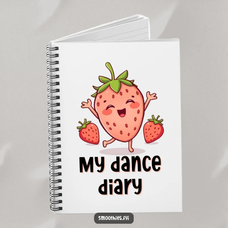 Funny notebook cover with a joyful strawberry character doing a silly dance, inspiring creativity and smiles.