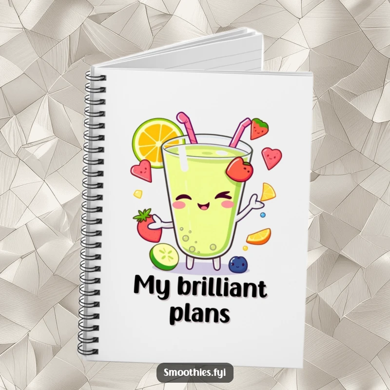 Funny Kawaii smoothie character winking while juggling colorful fruit pieces, printed on a notebook for jotting down all your skillful plans.