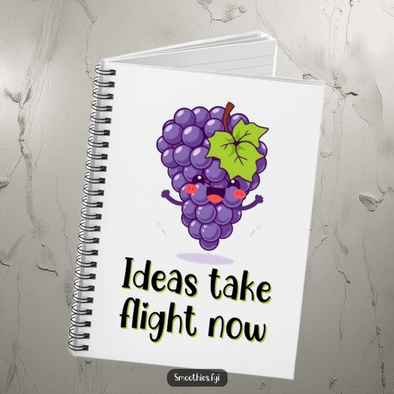 Funny notebook featuring a joyful grape cluster bouncing with little motion swirls, perfect for notes, journaling, and bright ideas.