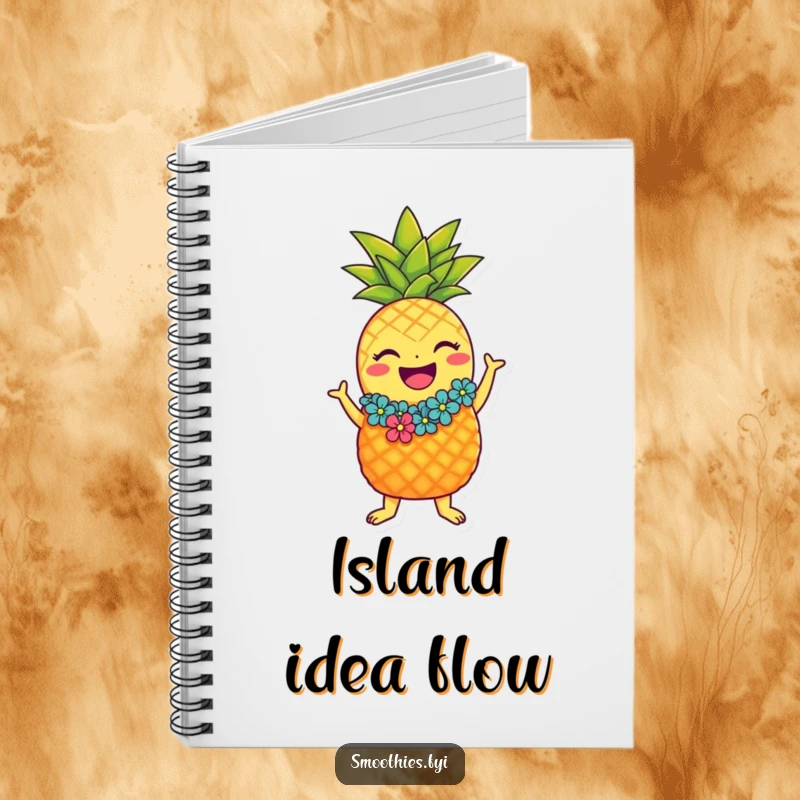 Funny laughing pineapple character notebook with lei doing the hula, perfect for notes and tropical creativity.