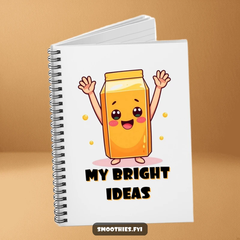 Funny orange juice carton notebook with a cheerful carton having arms raised in celebration, ideal for joyful notes.