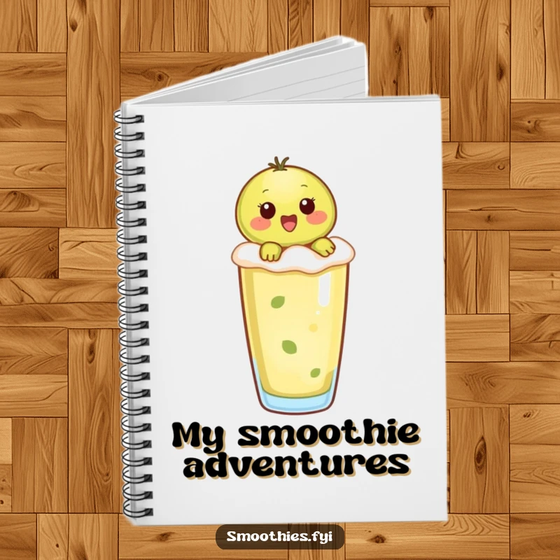 Funny kiwi character riding a frothy smoothie on the cover of a stylish and humorous notebook.