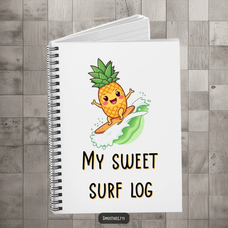 Funny pineapple character surfing a smoothie wave on the cover of a stylish and humorous notebook.