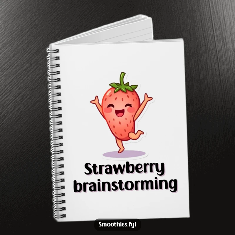 Funny strawberry character notebook doing a cartwheel, smiling brightly, ideal for notes and drawings.