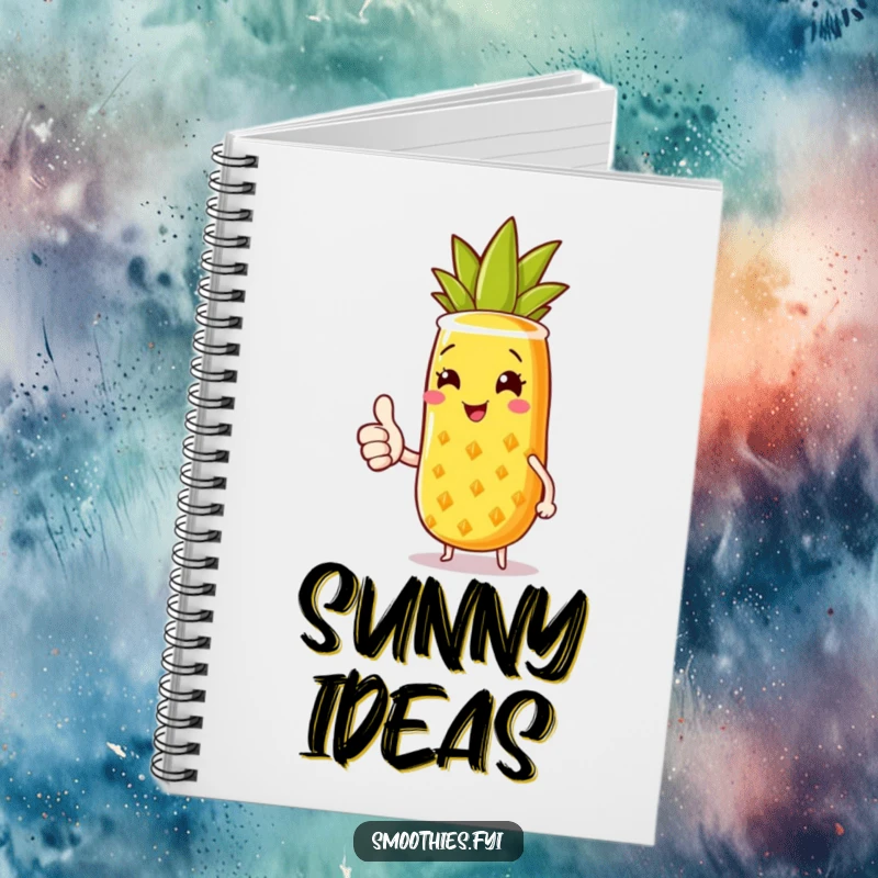 Funny notebook with a joyful pineapple smoothie character giving a thumbs up, ideal for jotting down bright ideas with tropical flair.