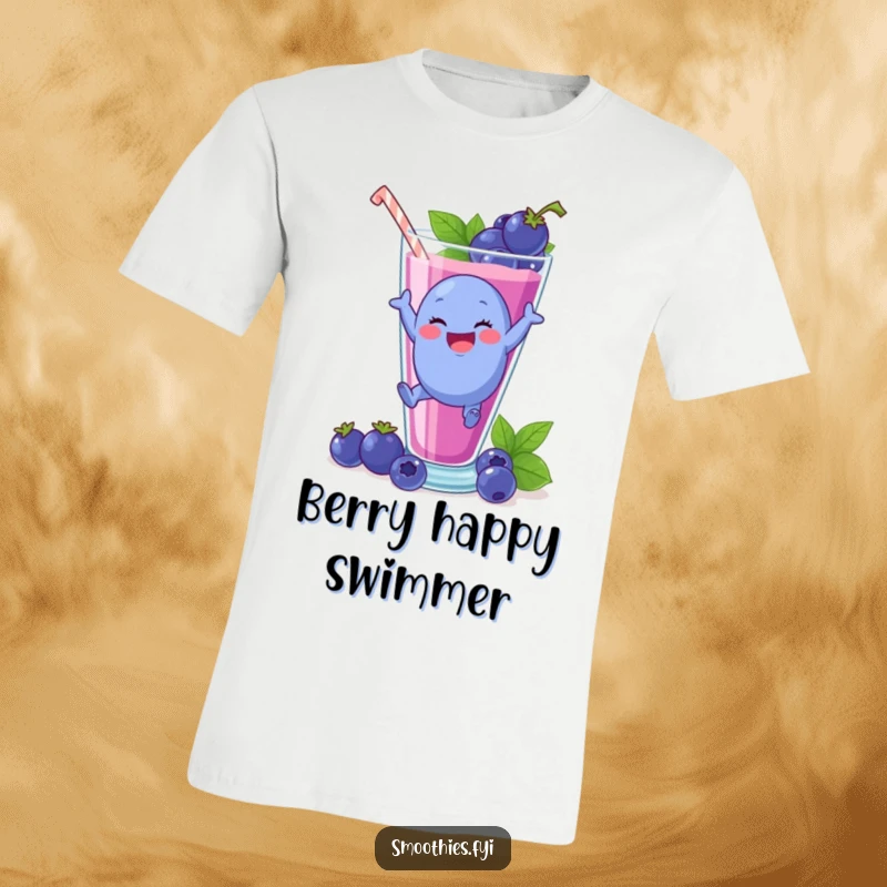 Funny plump blueberry character leaping into a smoothie glass, featured on a fun t-shirt.