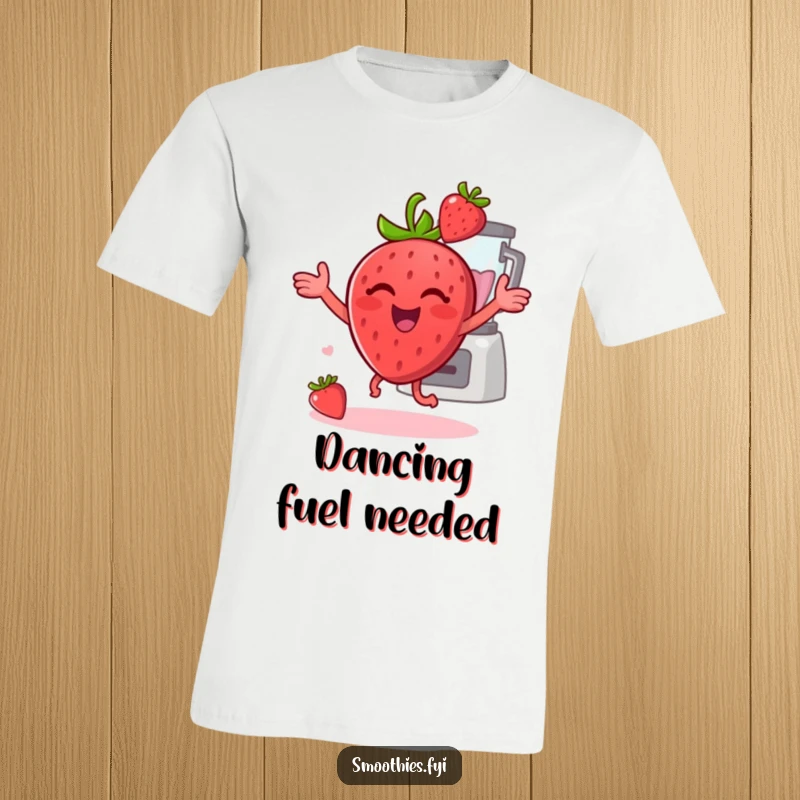 Funny strawberry happily dances with a blender in the background on a t-shirt, showcasing vibrant energy and fun.