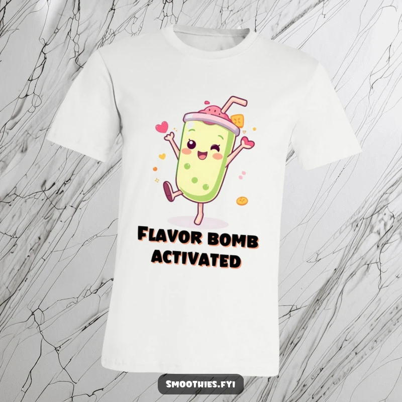 Funny Kawaii smoothie t-shirt, character performing a cartwheel with a lively splash of flavor, energetic and exciting apparel.