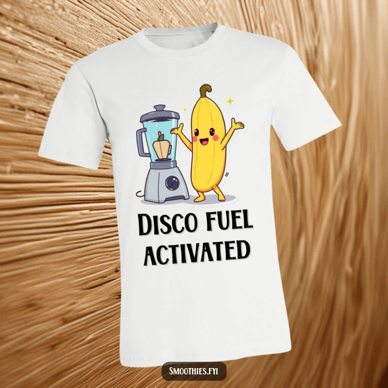 Funny banana character striking a dramatic disco pose next to a blender, featured on a fun t-shirt.