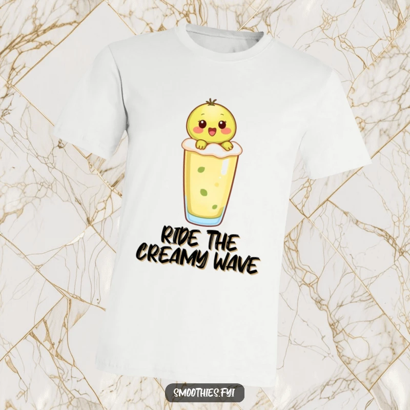 Funny kiwi character gleefully riding a delicious frothy smoothie on a vibrant t-shirt.