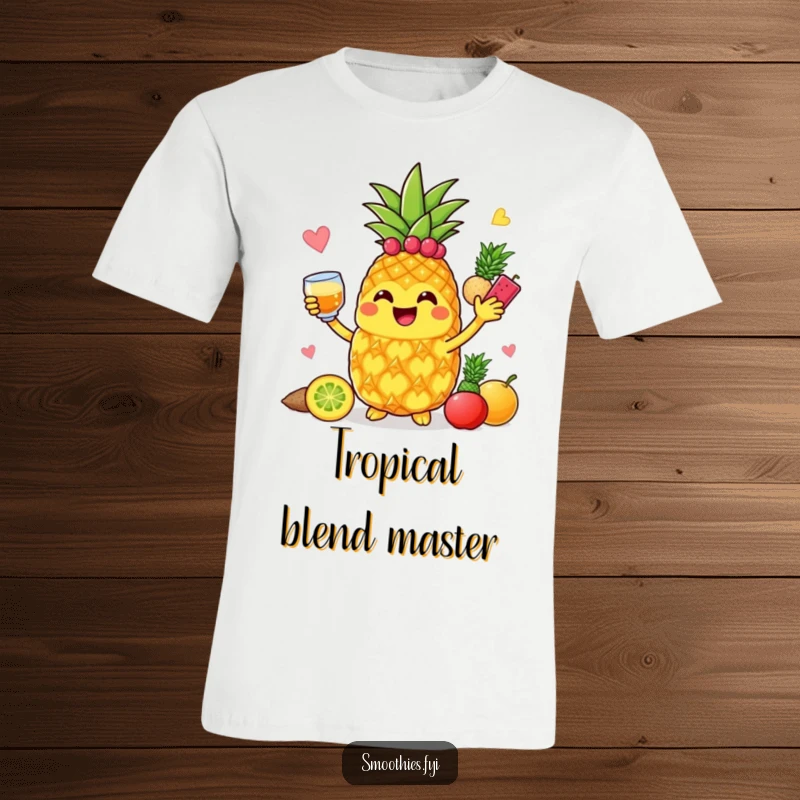 Funny jolly pineapple character enthusiastically blending colorful fruits, featured on a fun t-shirt.