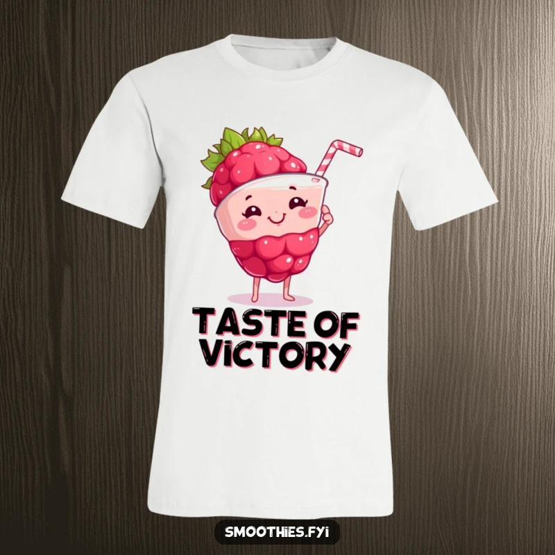 Funny proud raspberry grins while holding a frothy smoothie on a t-shirt, showcasing a healthy and humorous lifestyle.