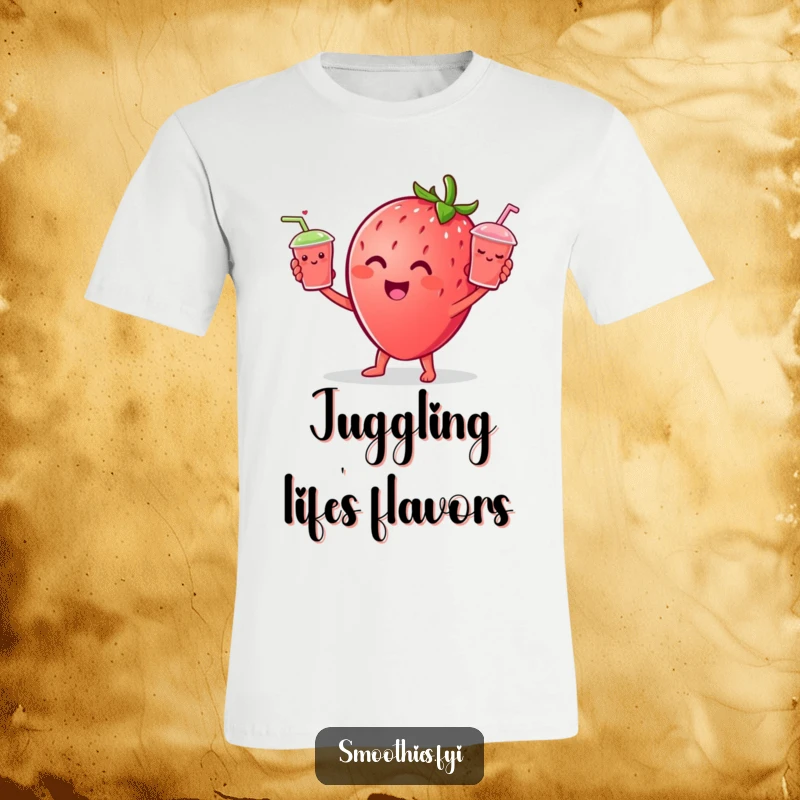 Funny Strawberry character happily juggling three tiny smiling smoothie cups on this fun t-shirt.