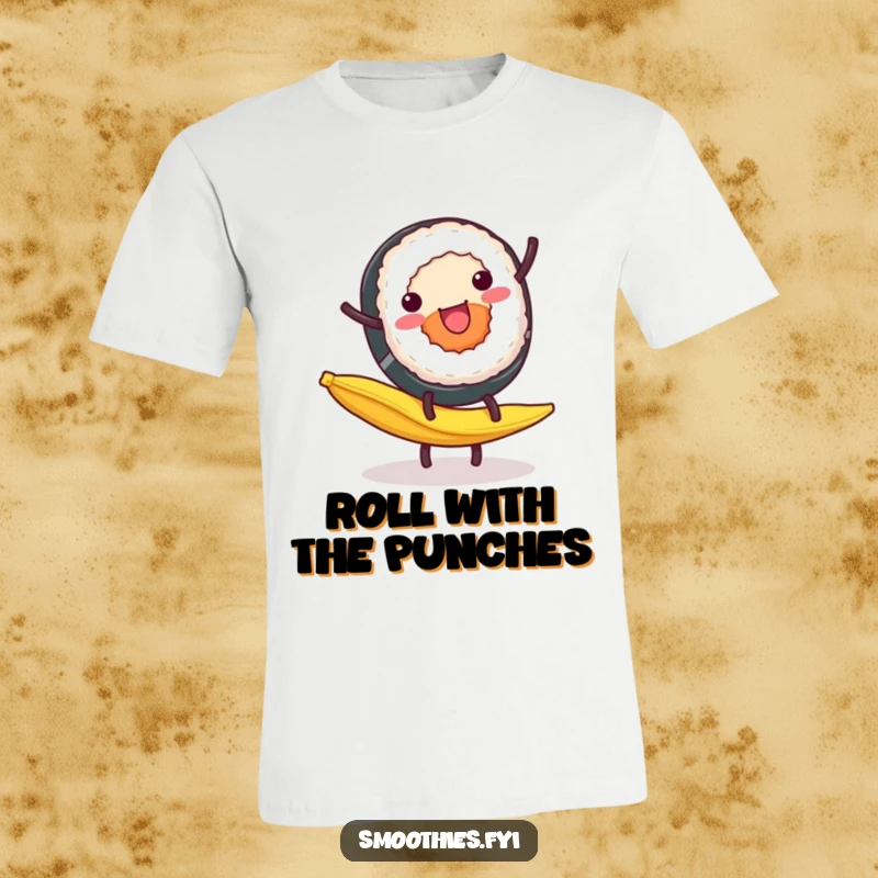 Funny T-Shirt: A cheerful sushi roll is mid-cartwheel on a banana peel, capturing a moment of playful, slippery chaos.