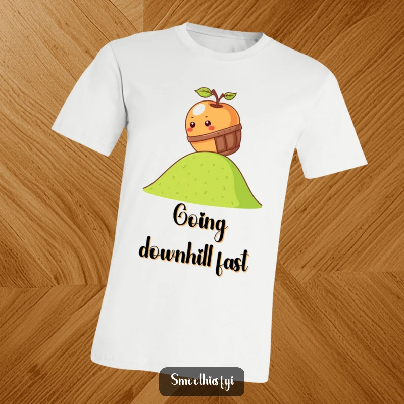 Funny kawaii apple t-shirt showing an apple rolling down a hill in a miniature barrel, great for casual wear.