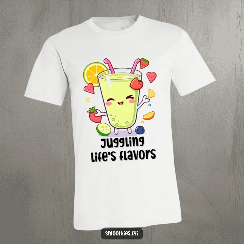 Funny Kawaii smoothie character winking while juggling colorful fruit pieces, looking mischievous on a stylish and humorous t-shirt.