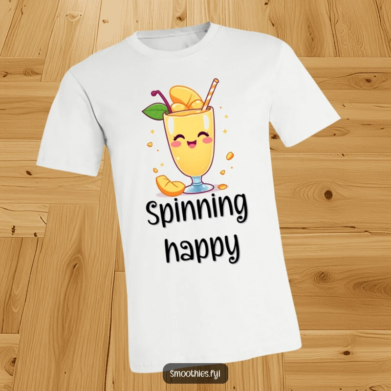 Funny t-shirt with a whimsical mango smoothie character spinning with delight, embodying joy and playful movement for comfortable wear.