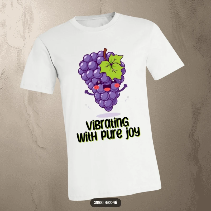 Funny t-shirt depicting a joyful grape cluster in mid-bounce with motion swirls, exuding happiness and playful movement.