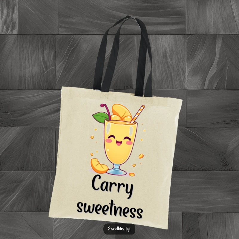 Funny tote bag with a whimsical mango smoothie character spinning with delight, perfect for carrying essentials with a touch of playful flair.