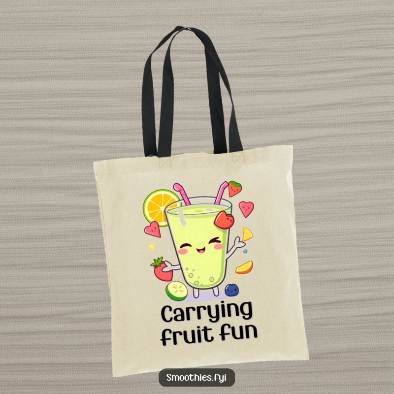 Funny Kawaii smoothie character winking while juggling colorful fruit pieces, ready to carry your items with a mischievous and skillful flair.