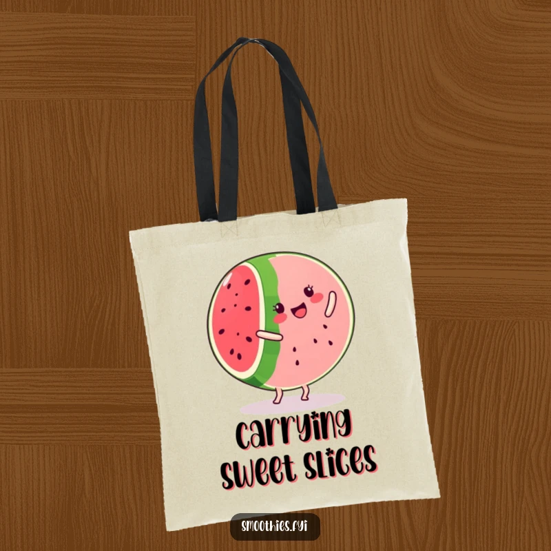 Funny kawaii watermelon slice tote bag, performing a cartwheel with a smile, a practical and humorous accessory.