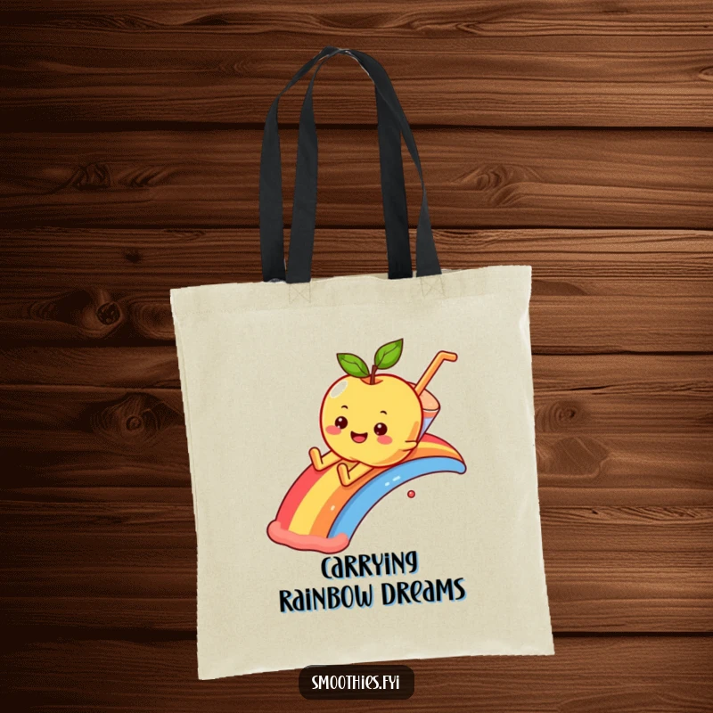 Funny smiling apple character sliding down a rainbow into a smoothie, on a stylish tote bag.