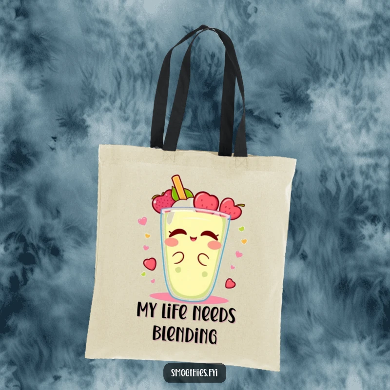 Funny Kawaii smoothie tote bag, character in a blissful fruity delight spin, vibrant and functional accessory.