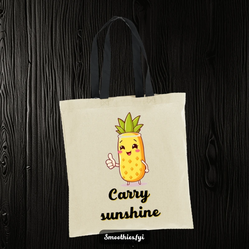 Funny tote bag with a joyful pineapple smoothie character smiling and giving a thumbs up, perfect for carrying essentials with tropical flair.